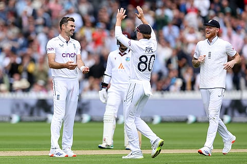 James Anderson celebrates the wicket of  Jayden Seales